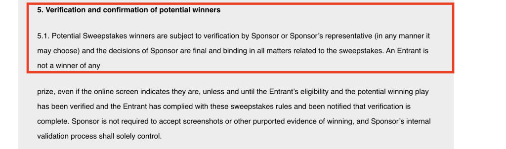 Lucky.me Casino sweepstakes rules section detailing verification and confirmation process for potential winners, emphasizing sponsorâs final authority on eligibility and prize validation.