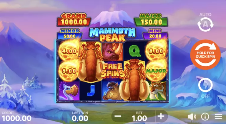 Mammoth Peak slot game featuring prehistoric-themed symbols like mammoths, rhinos, and dodo birds with free spins, fireball multipliers, and mini, minor, major, and grand jackpot prizes.