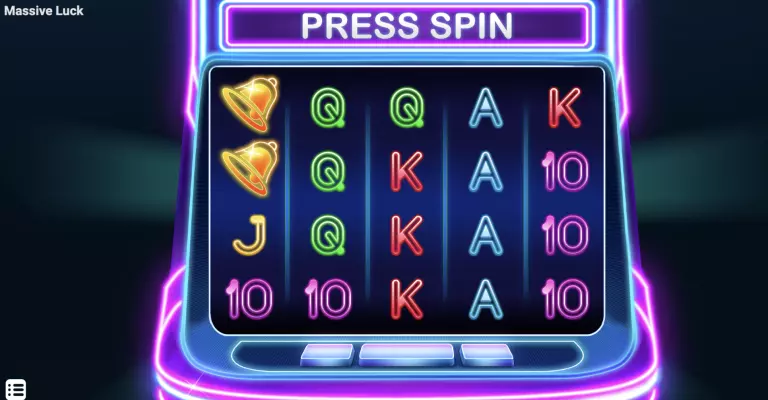 Massive Luck slot machine game with neon lights, glowing symbols like bells, letters, and numbers, and a vibrant arcade-style design prompting players to press spin.