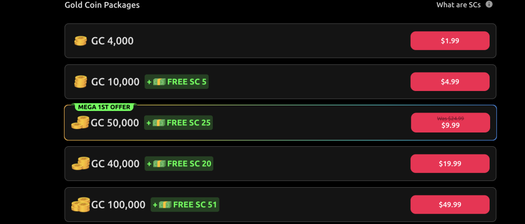 McLuck Casino gold coin packages screen showing in-app purchase options from 4,000 to 100,000 gold coins with bonus sweep coins, including a highlighted mega first offer of 50,000 coins for $9.99.