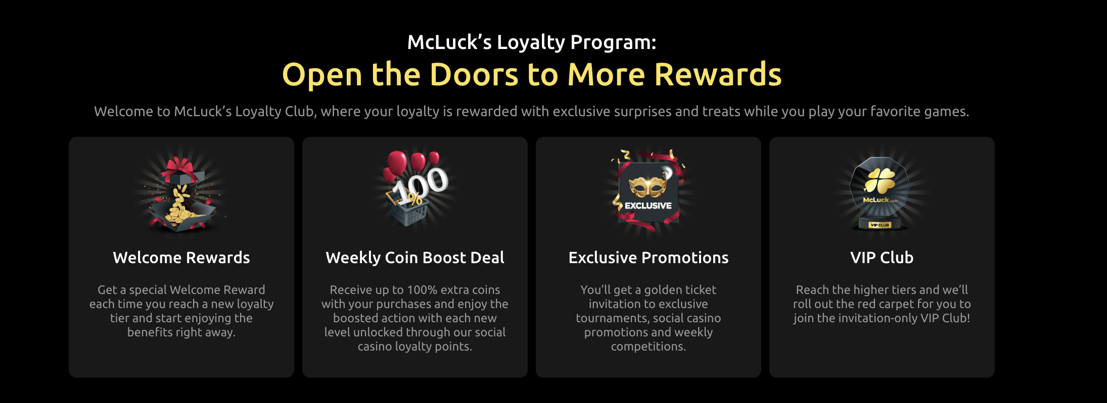 McLuck Casino Loyalty Program rewards screen highlighting Welcome Rewards, Weekly Coin Boost Deals, Exclusive Promotions, and VIP Club access for social casino players.