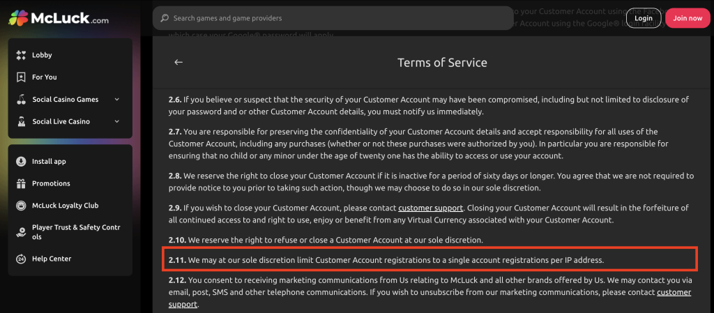 McLuck Casino Terms of Service highlighting customer account responsibilities, security policies, account closure rules, and marketing consent details on user interface.