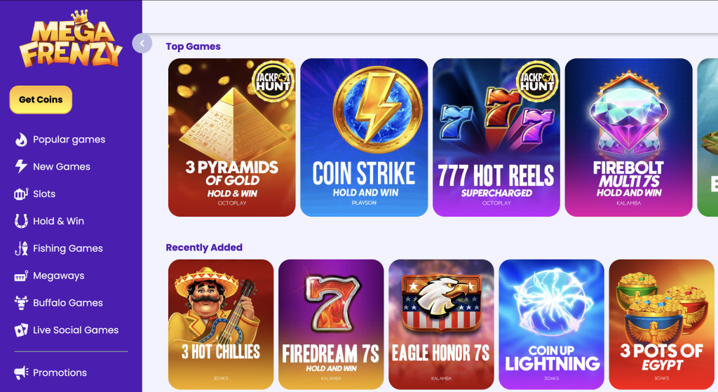 Mega Frenzy Casino homepage showcasing top online slot games like 3 Pyramids of Gold, Coin Strike, 777 Hot Reels, and Firebolt Multi7s, along with recently added slots including 3 Hot Chillies, Firedream 7s, Eagle Honor 7s, Coin Up Lightning, and 3 Pots of Egyptâfeaturing vibrant graphics and game categories such as Hold & Win, Megaways, Buffalo Games, and Live Social Games.