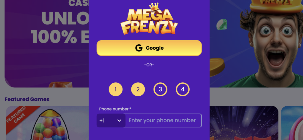 Mega Frenzy Casino sign-up screen with Google login option and phone number registration form, featuring a vibrant purple and gold interface with animated gaming visuals in the background.
