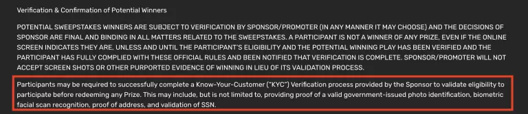 Monkey Spins Casino verification policy requiring Know-Your-Customer (KYC) checks including government-issued photo ID, biometric facial recognition, proof of address, and SSN validation for prize redemption.