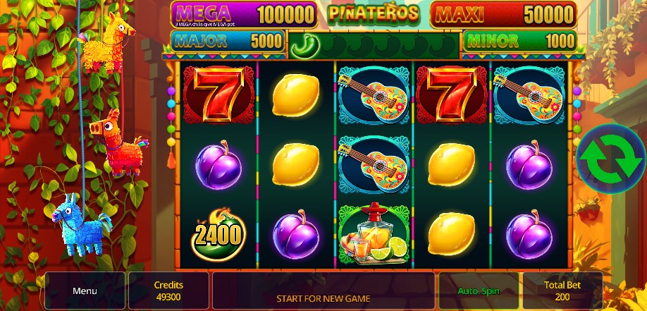 PiÃÂñateros slot game with vibrant fruit symbols, hanging piÃÂñatas, tequila wilds, and colorful fiesta-themed interface