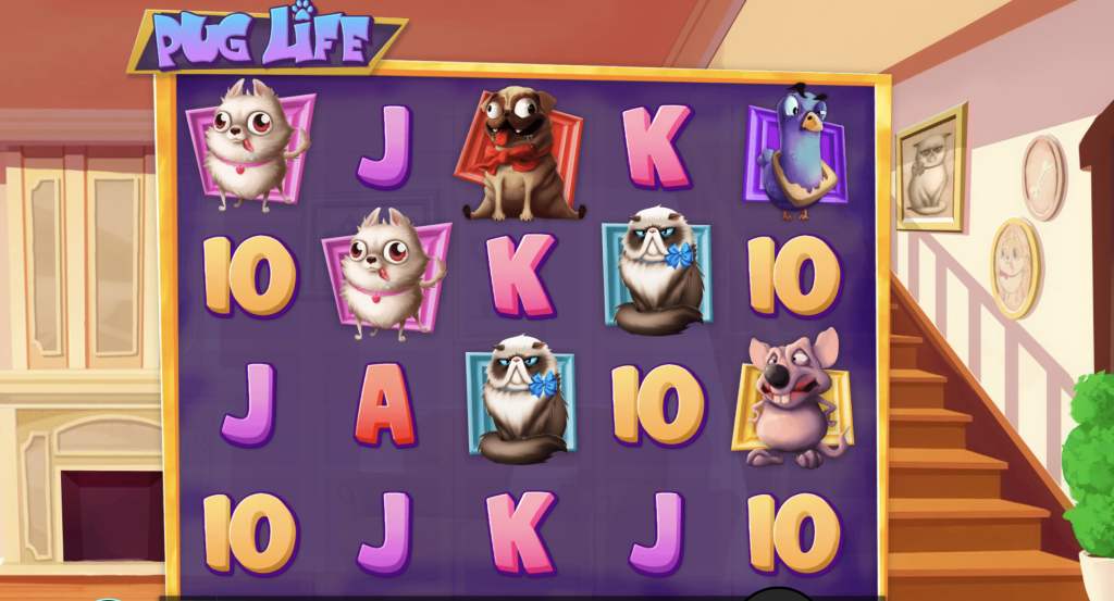 Pug Life online slot game featuring cartoon-style pugs, playful pets, colorful reels, and home interior background with demo balance display