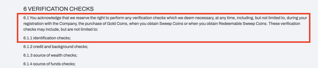 RealPrize Casino terms and conditions section outlining verification checks including identification, credit and background checks, source of wealth, and source of funds requirements.