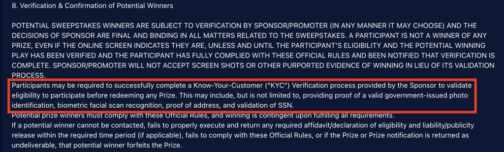 SpeedSweeps Casino sweepstakes rules section highlighting KYC verification requirements for winners, including government-issued photo ID, biometric facial scan, proof of address, and SSN validation for prize eligibility.