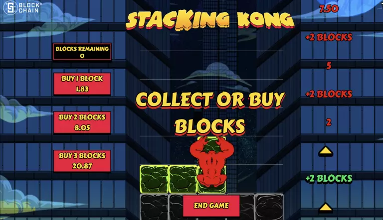 Stacking Kong blockchain arcade game interface featuring a red gorilla stacking blocks against a skyscraper backdrop, with in-game options to collect or purchase blocks using digital currency