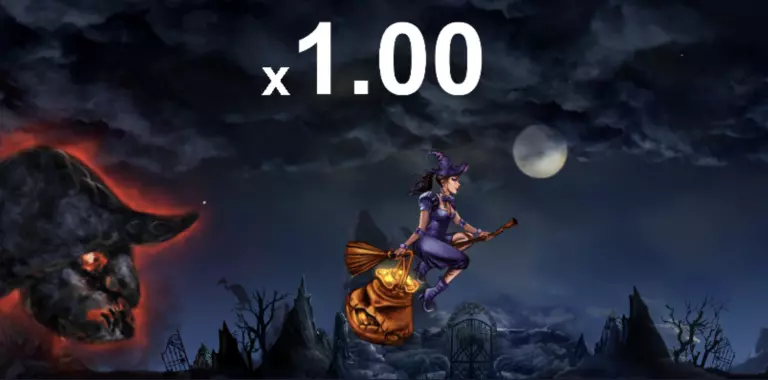 Stormy Witch slot game scene featuring a dark haunted graveyard under a moonlit sky, with a flying witch carrying a bag of gold on a broomstick, pursued by a fiery demon skull.