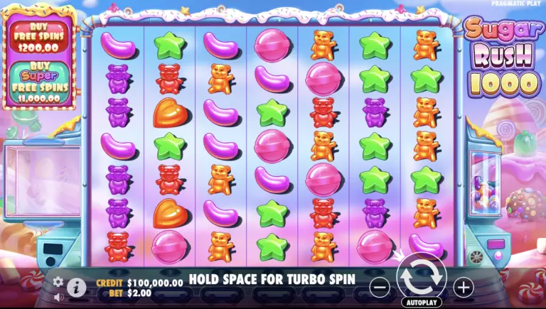 Colorful Sugar Rush 1000 slot game by Pragmatic Play, featuring candy-themed reels with gummy bears, stars, hearts, and jelly beans, plus free spins purchase options from $200 to $1,000.