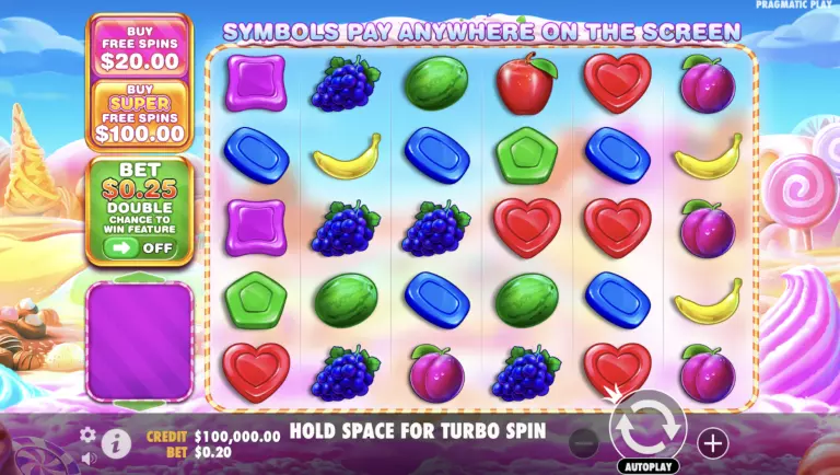 Sweet Bonanza 1000 slot game by Pragmatic Play featuring vibrant fruit and candy symbols, $0.25 bet with double chance option, and a candyland-themed background.