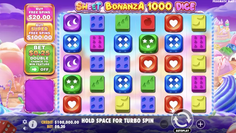 Sweet Bonanza 1000 Dice online slot game with vibrant candy-themed reels, colorful dice symbols, fruit icons, and bonus buy features displayed on a whimsical background.