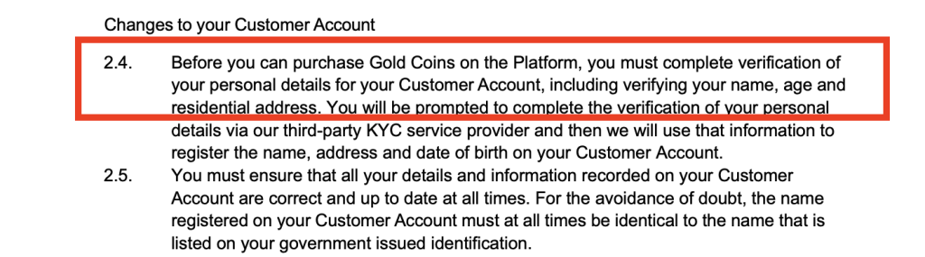 Vegas Coins Casino Terms and Conditions highlighting section 2.4, which mandates KYC verificationâincluding name, age, and residential addressâbefore purchasing Gold Coins on the platform.