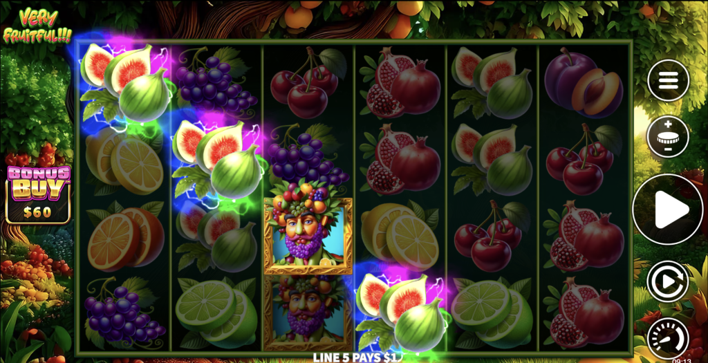 Colorful fruit-themed slot game with vibrant symbols including figs, grapes, cherries, pomegranates, and a fruit-crowned character, featuring bonus buy option and lush orchard background.