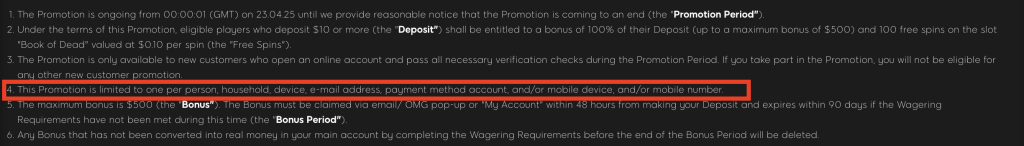 888 Casino welcome bonus terms and conditions screenshot detailing promotion period, deposit requirements, bonus eligibility, maximum $500 bonus limit, 100 free spins on Book of Dead slot, new customer restrictions, and wagering requirements for claiming the offer.