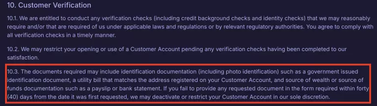 Ace.com social casino customer verification policy highlighting section 10.3, which details required documents such as government ID, utility bill, and proof of funds like a payslip or bank statement, with a 40-day deadline for submission.