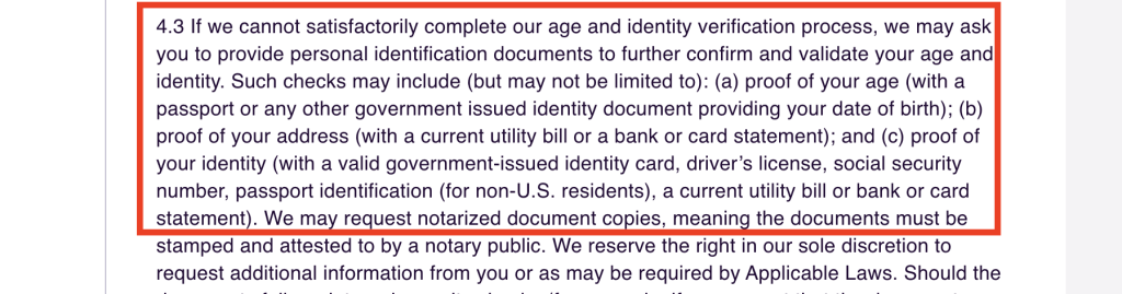 Bally Casino verification terms highlighting age and identity check requirements, including proof of age, address, and identity documents with possible notarization for compliance.