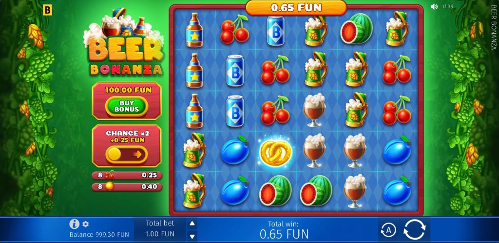 Beer Bonanza slot machine game screen with colorful beer mugs, cherries, plums, cans, and fruit symbols, and bright green background filled with hop vines.