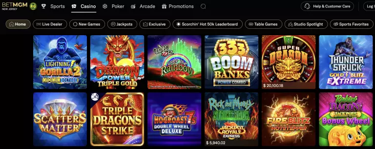 BetMGM Casino slots library featuring popular online slot games like Lightning Gorilla 2 Maximum Voltage, Dragon Power Triple Gold, Wizard of Oz Over the Rainbow, 333 Boom Banks, Super Dragon, Thunderstruck Gold Blitz Extreme, Scatters Matter, Triple Dragons Strike, Hogroast Double Wheel Deluxe, Rick and Morty Strike Back, Fire Blitz Hotstepper, and Rakinâ Bacon Bonus Wheel.