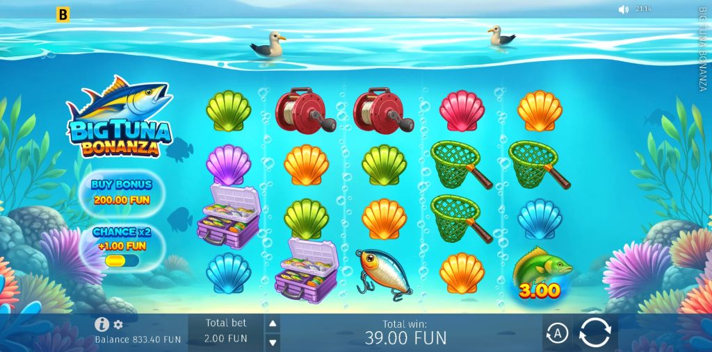 Big Tuna Bonanza online slot game by BGaming with underwater fishing theme, featuring colorful seashells, fishing reels, nets, and tuna symbols on the reels.