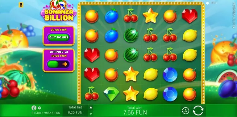 Bonanza Billion slot game screen with colorful fruit and gem symbols such as cherries, oranges, lemons, watermelons, stars, hearts, and jewels on a vibrant green reel background.