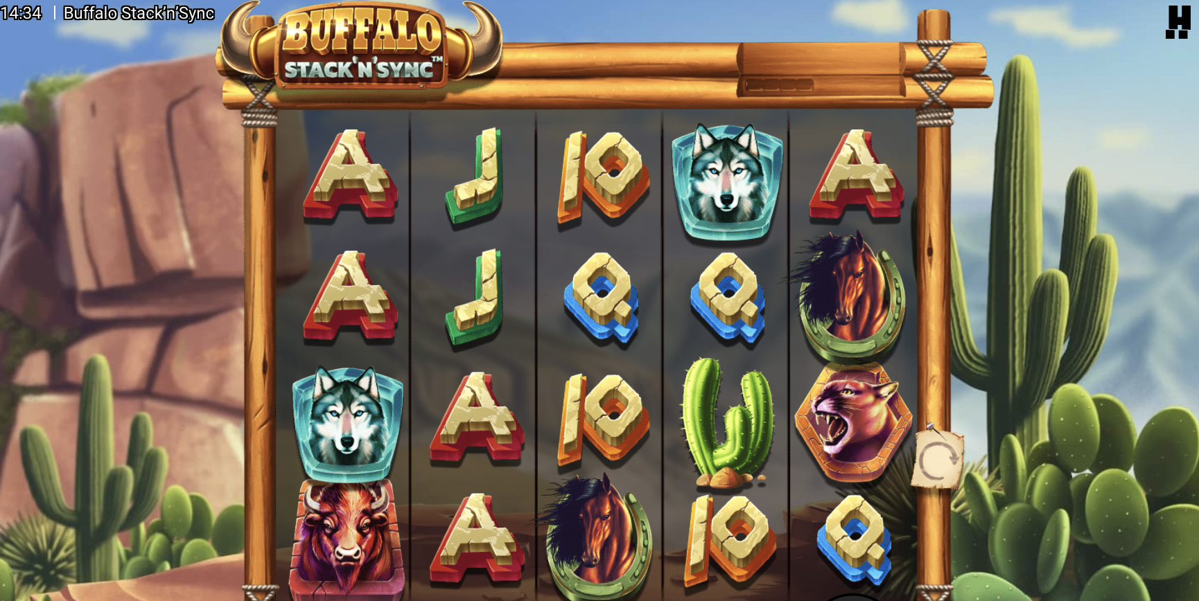 Buffalo Stack 'n' Sync slot machine with wild west animal symbols including wolves, horses, cougars, and eagles.