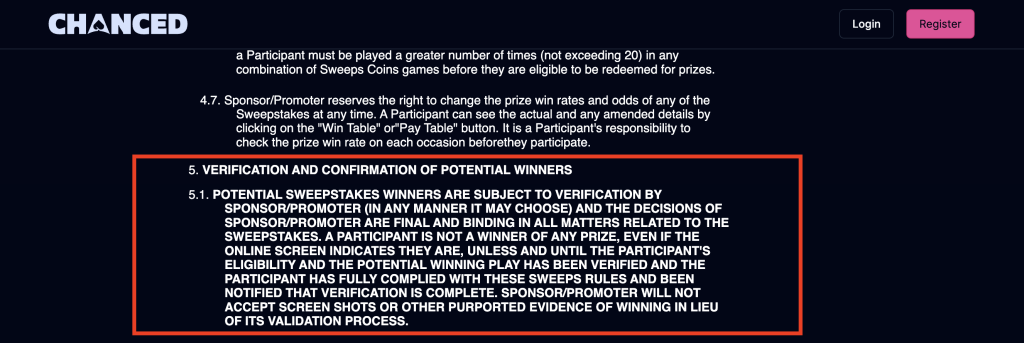 Chanced Casino sweepstakes verification policy screenshot highlighting section 5, outlining rules for verifying and confirming potential winners, including eligibility checks, compliance with sweepstakes rules, and rejection of screenshots as proof.
