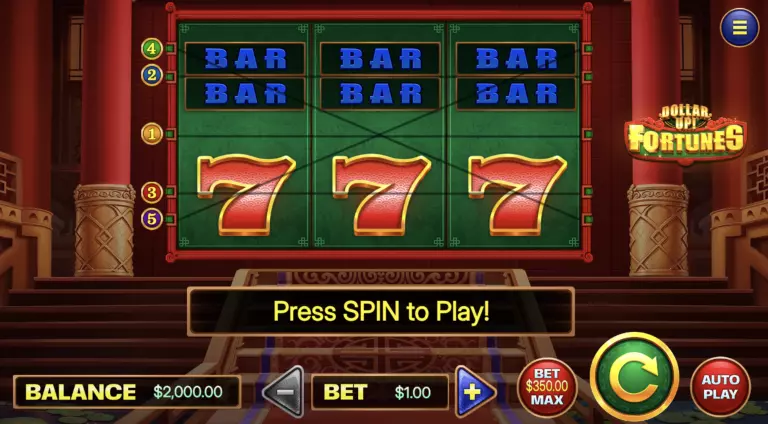Dollar Up! Fortunes classic slot game featuring BAR symbols and triple red 7s on a traditional 3-reel layout with $1 bet option and max bet of $350.
