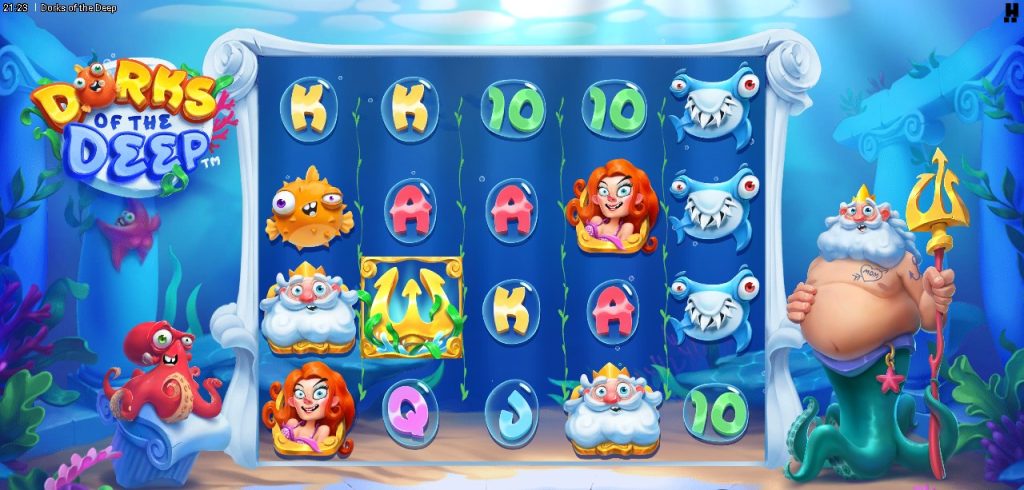 Colorful Dorks of the Deep online slot game showing cartoon sea creatures, mermaids, and King Neptune in an underwater kingdom with five reels, ocean-themed symbols, and playful aquatic graphics.