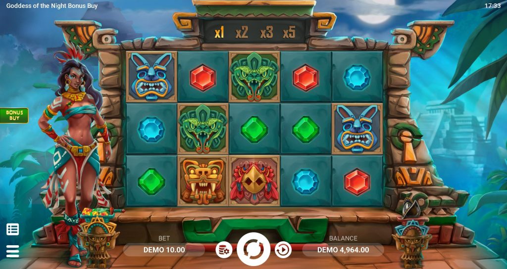 Goddess of the Night slot featuring Aztec-inspired reels, colorful gemstone symbols, and a mystical bonus buy option.