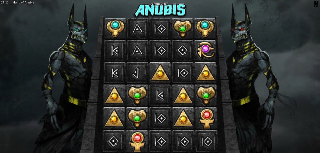 Hand of Anubis slot game reels with Anubis statues on each side and Egyptian symbols on the grid