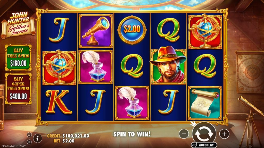 John Hunter and Galileoâs Secret slot game by Pragmatic Play, featuring reels with telescopes, globes, scrolls, and the explorer character, with options to buy free spins and super free spins for bigger rewards.