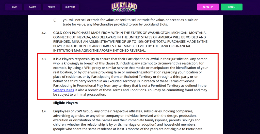 LuckyLand Slots terms and conditions screenshot highlighting VPN restrictions. Clause states accounts may be suspended if players use VPNs, proxies, or false location information to mask real identity, residence, or citizenship while accessing the online casino platform