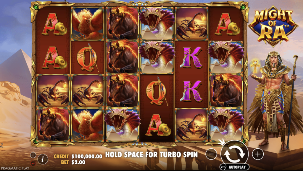 Might of Ra online slot game by Pragmatic Play featuring Egyptian god Ra with flaming horse, phoenix, serpent, and scorpion symbols on a 5x4 reel set, set against desert pyramids background with $2.00 bet and $100,000 balance display.