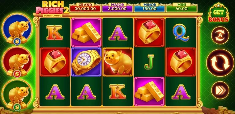 Rich Piggies 2 online slot game with golden pig symbols, jackpot prizes, and colorful reels at SweepShark Casino.