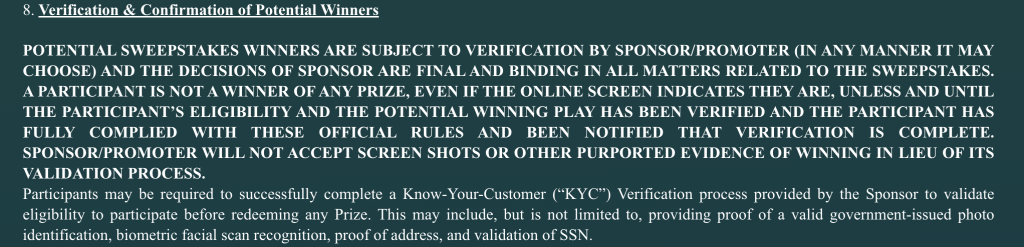 RichSweeps Casino verification rules highlighting sweepstakes winner confirmation process, requiring eligibility checks, KYC verification, proof of identity, address, and biometric validation before prize redemption.