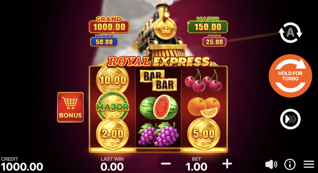 Royal Express Hold & Win slot game featuring golden train, fruit symbols, BAR icons, and jackpot coins with Grand, Major, Minor, and Mini prizes.