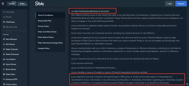 Stake.us casino terms and conditions screenshot highlighting deactivation and suspension rules, including account closure for VPN use, multiple accounts, false information, or unverifiable identity and funds.