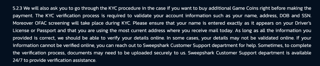 Screenshot of SweepShark Casino KYC verification policy requiring ID, address, and SSN for buying game coins.