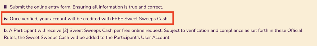Sweet Sweeps Casino terms highlighting free Sweet Sweeps Cash credited after account verification.