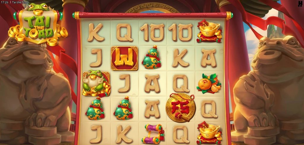 Tai the Toad online slot game with Asian-themed symbols, golden frog wilds, and traditional Chinese icons on the reels.
