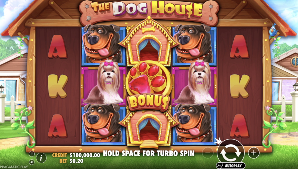 The Dog House online slot by Pragmatic Play featuring cartoon dogs, dog houses, and bonus paw print symbols on a colorful 5x3 reel setup with free spins and multipliers.