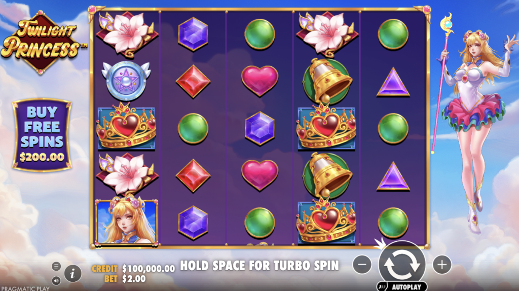 Twilight Princess online slot by Pragmatic Play featuring anime-inspired magical princess, jewel symbols, crowns, bells, and flowers, with $200 free spins buy option and fantasy-themed gameplay.