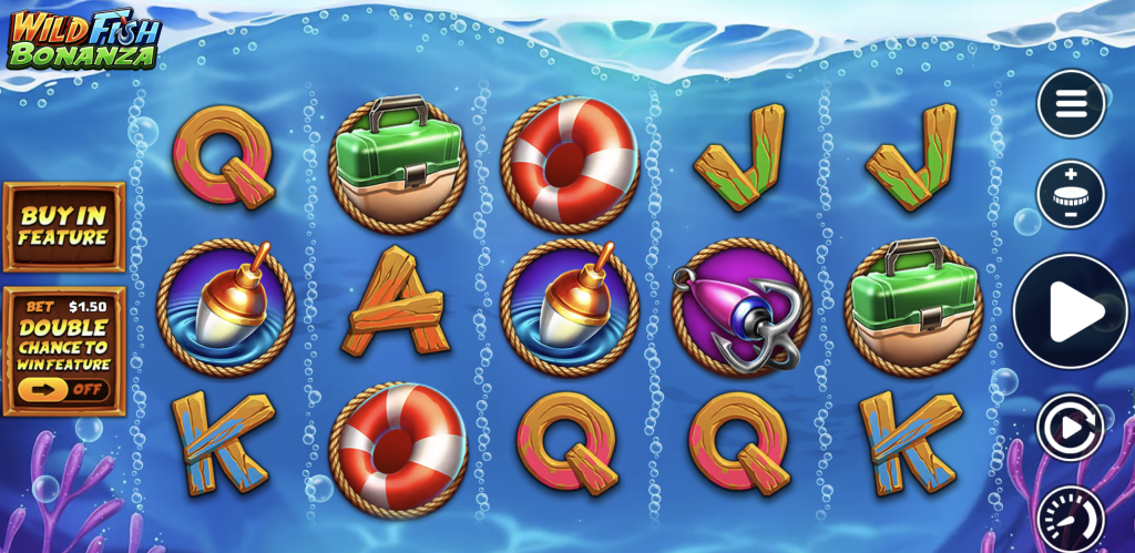 Wild Fish Bonanza slot game underwater theme with reels featuring fishing tackle, buoys, lifebuoys, anchors, and letters, with bonus buy-in and double chance feature displayed on screen.