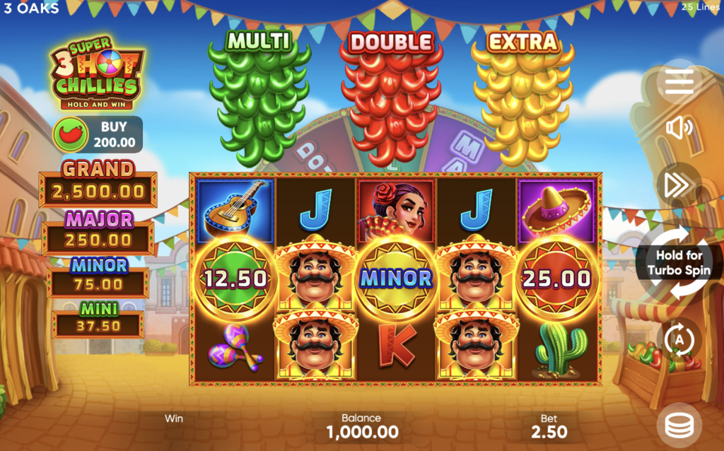 3 Super Hot Chillies Hold and Win slot game screen by 3 Oaks, featuring colorful reels with sombreros, maracas, guitars, and gold coins, alongside jackpot levels including Grand, Major, Minor, and Mini prizes