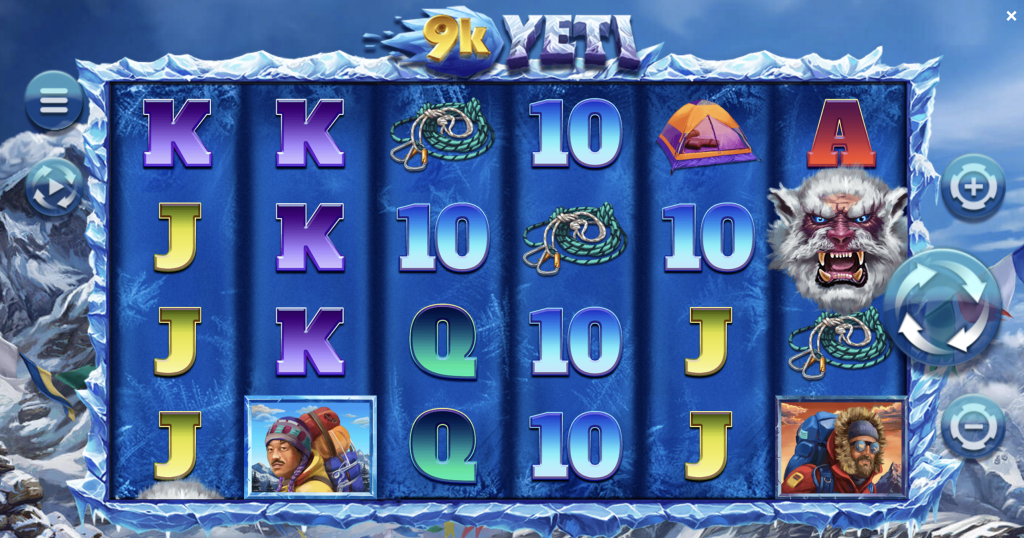 9K Yeti slot machine game featuring snowy mountain background, fierce Yeti symbol, mountaineer explorers, climbing gear, and tents across icy reels with bold colors and adventure-themed icons.