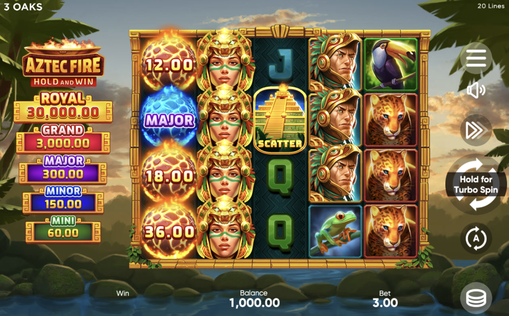 Aztec Fire Hold & Win slot game by 3 Oaks featuring vibrant reels with Aztec warriors, jaguars, toucans, and scatter pyramids. Jackpot prizes include Royal $30,000, Grand $3,000, Major $300, Minor $150, and Mini $60, with fiery bonus orbs triggering Hold and Win features
