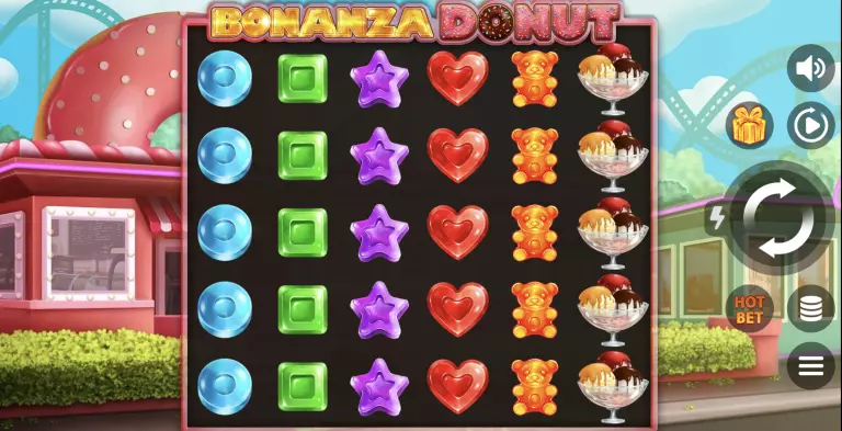 Bonanza Donut online slot game screen with colorful candy symbols, gummy bears, hearts, stars, and ice cream sundaes on a 5x5 reel grid, set against a donut shop and roller coaster background. Fun, vibrant slot machine with sweets and dessert-themed graphics.
